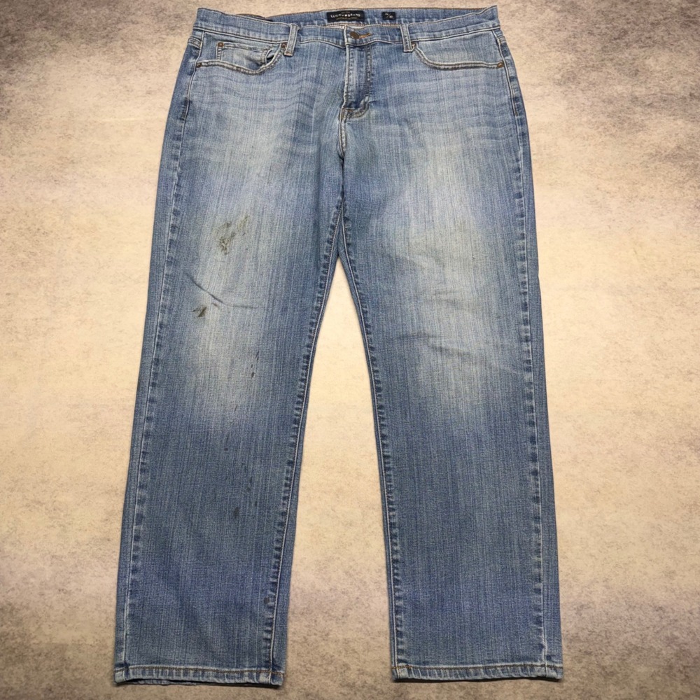 Lucky Brand 221 Straight Fit Mens 38x30 Blue Faded Distressed Cotton Denim Jeans